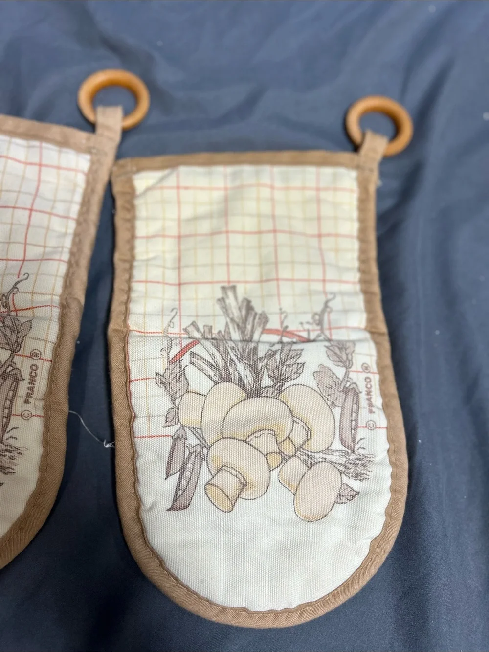 Vintage Franco Kitchen Oven Mitts Retro Mushroom And Vegetable Print 70s Cottage